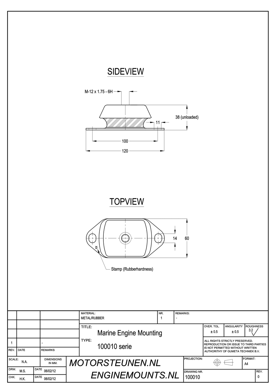 Marine Engine Mount type 1600 - 55 shore - M12 - max. 75 kg
