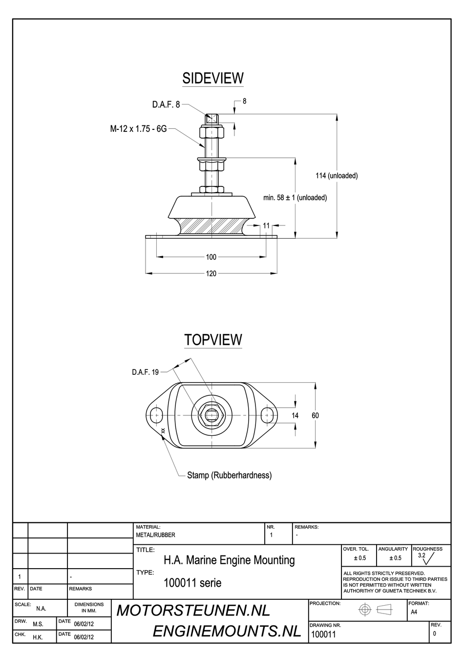 Marine Engine Mount type 1600 - 40 shore - M12 stud - max. 35 kg