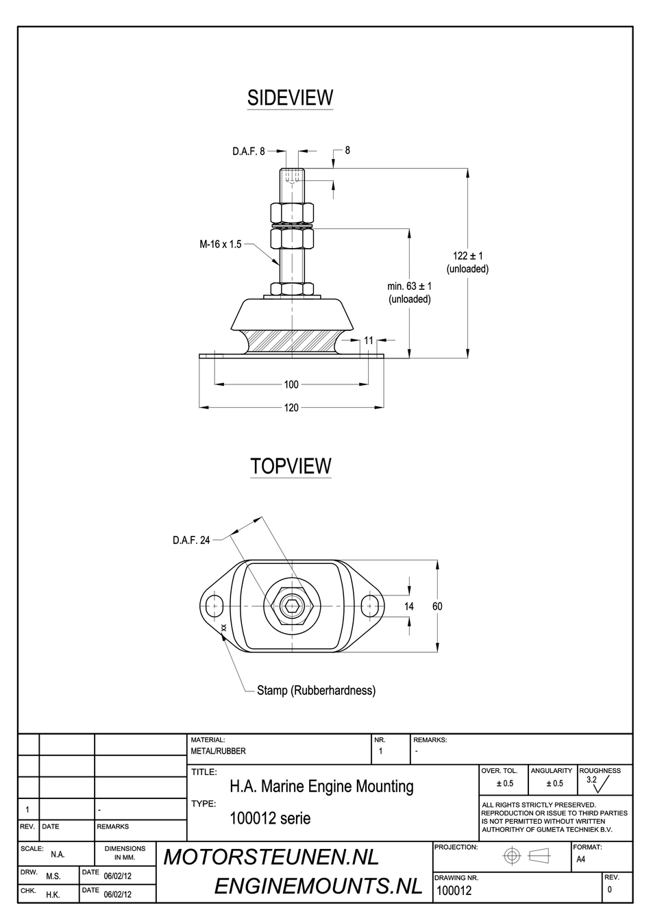 Marine Engine Mount type 1600 - 40 shore - M16 stud - max. 35 kg