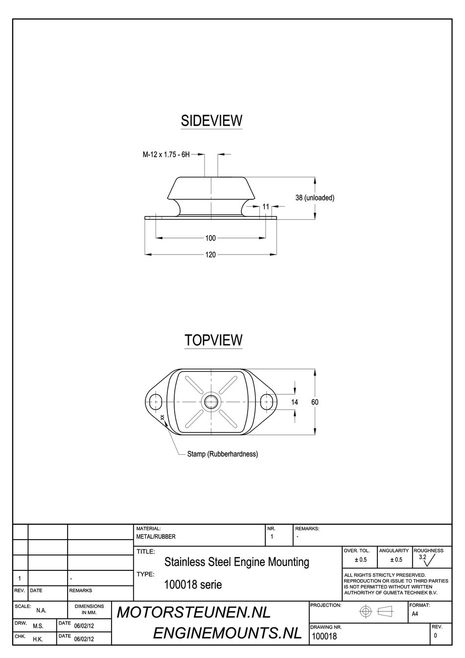 Stainless Steel Marine Engine Mount type 1600 - 65 shore - M12 - max. 85 kg