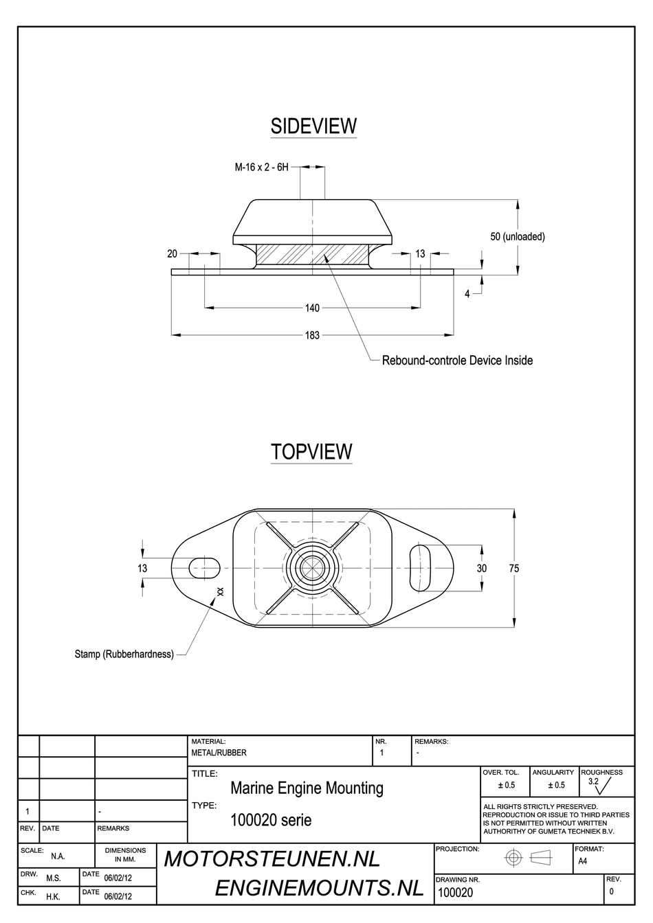 Marine Engine Mount type 1609 - 75 shore - M16 - max. 300 kg