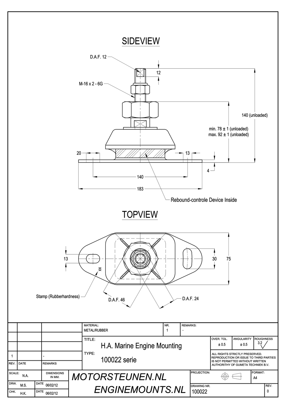 Marine Engine Mount type 1609 - 45 shore - M16 height adjuster (fine) - max. 90 kg