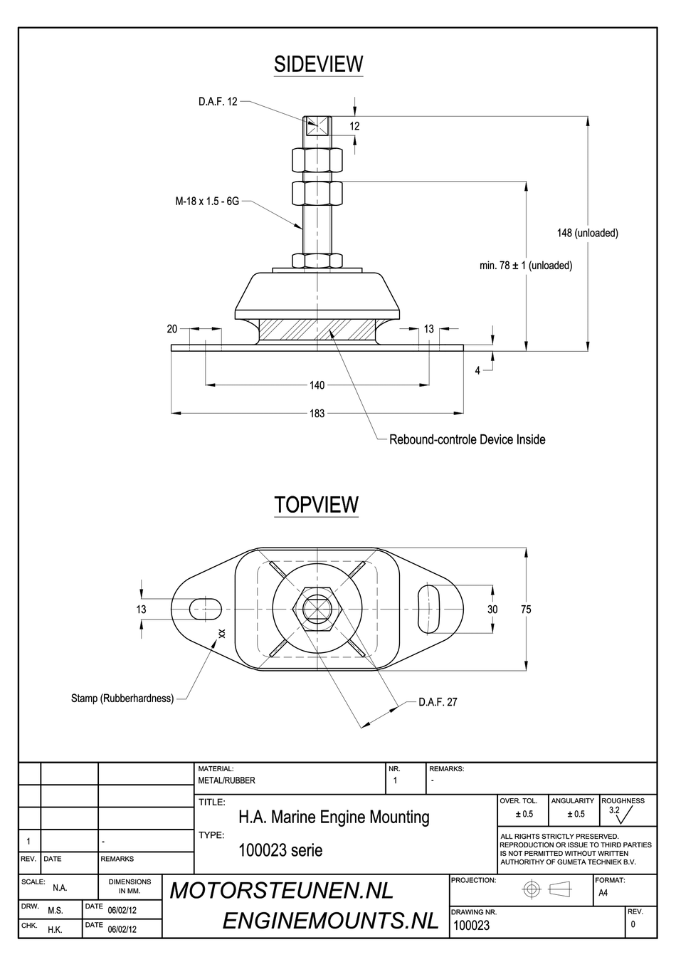 Marine Engine Mount type 1609 - 35 shore - M18 stud - max. 70 kg