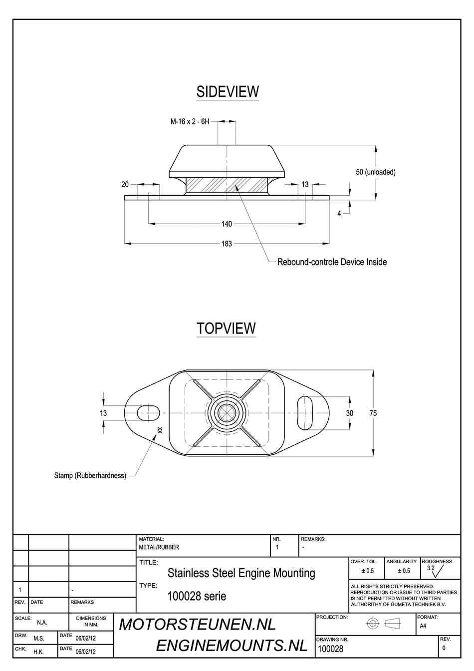 Stainless Steel Marine Engine Mount type 1609 - 75 shore - M16 - max. 300 kg