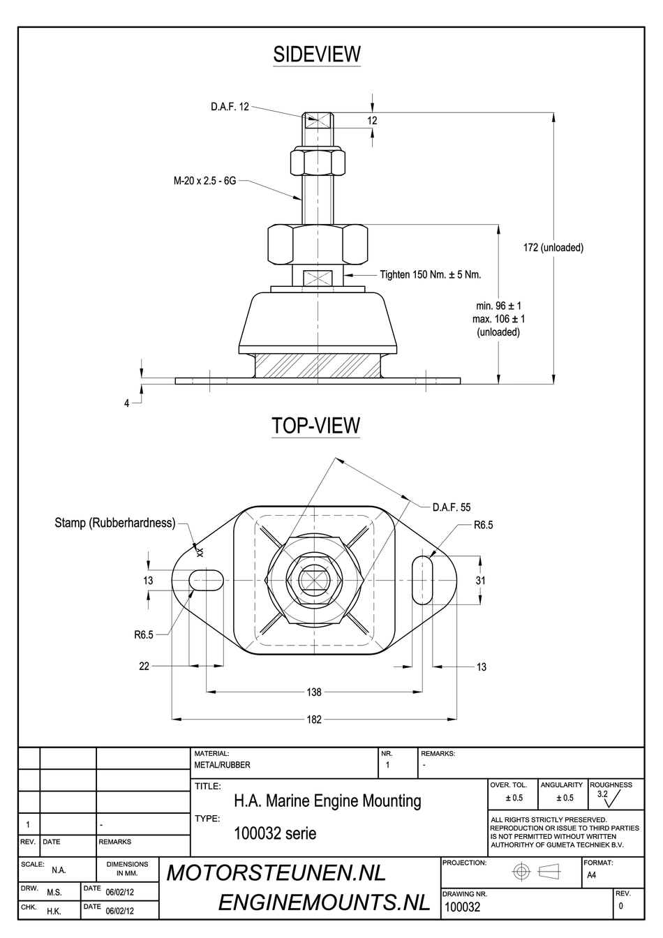 Marine Engine Mount type IM-600 - 65 shore - M20 height adjuster (fine) - max. 425 kg