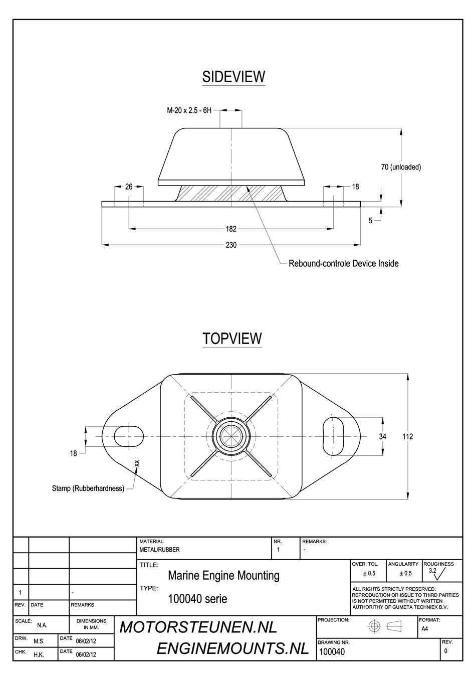 Marine Engine Mount type 1657 - 45 shore - M20 - max. 250 kg