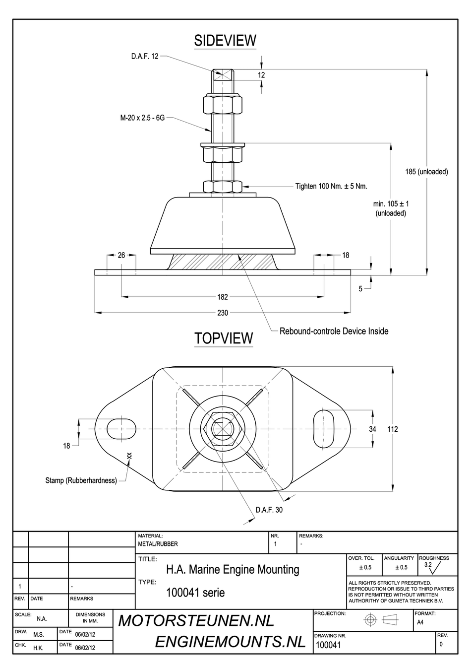 Marine Engine Mount type 1657 - 55 shore - M20 stud - max. 350 kg
