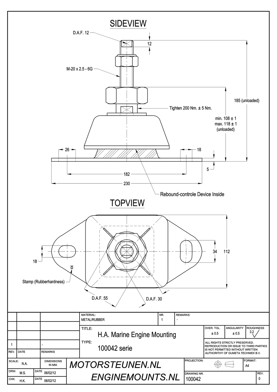 Marine Engine Mount type 1657 - 45 shore - M20 height adjuster (fine) - max. 250 kg