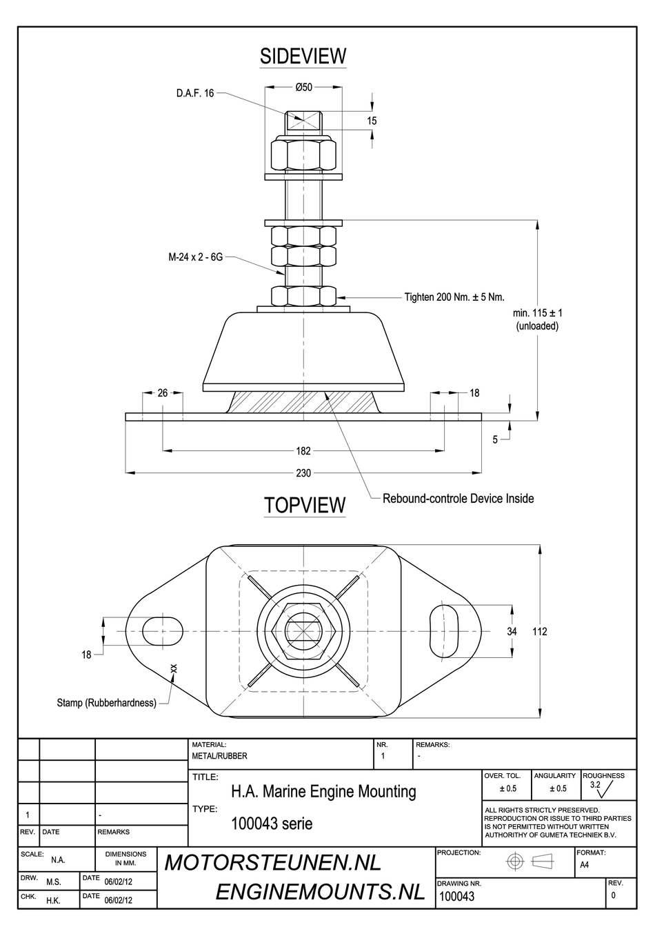 Marine Engine Mount type 1657 - 45 shore - M24 stud - max. 250 kg