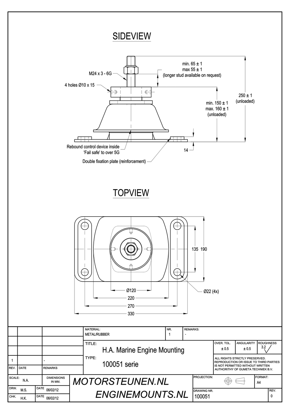 Marine Engine Mount type 1841 - 40 shore - M24 height adjuster (fine) - max. 800 kg