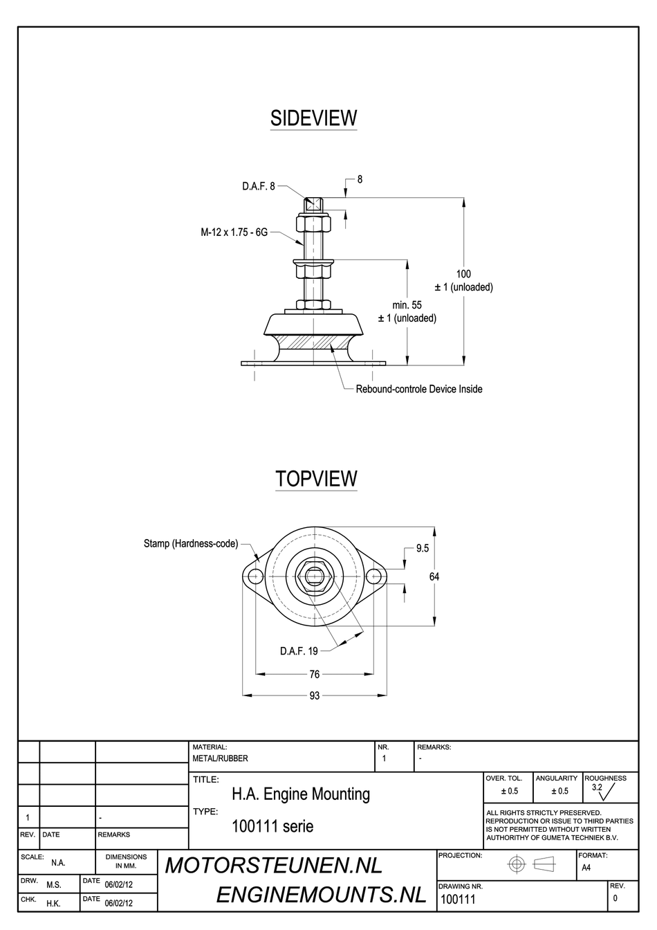 MD Anti-vibration Mounting type 120 - 02 - M12 stud - max. 100 kg