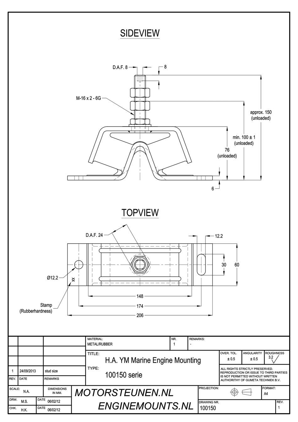 YM Anti-vibration Mounting type 150 - M16 stud - max. 100 kg for Yanmar engines