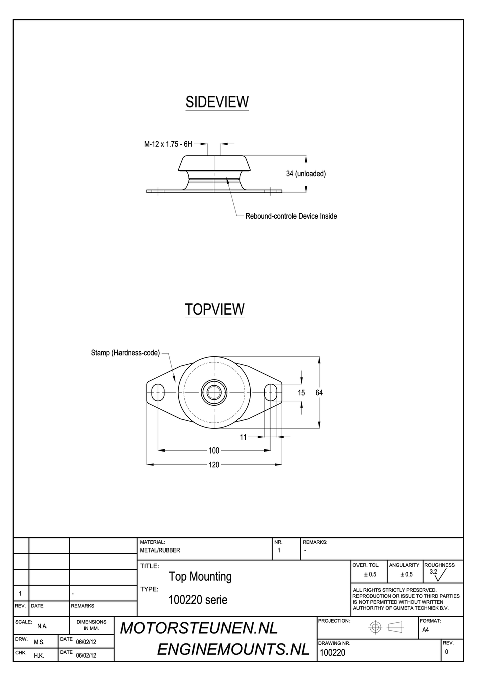 Anti-vibration Mounting type 100 - 60 shore - M12 - max. 65 kg
