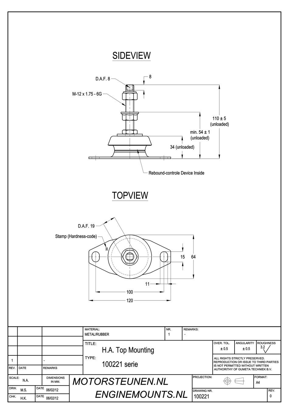 Anti-vibration Mounting type 100 - 60 shore - M12 stud - max. 65 kg