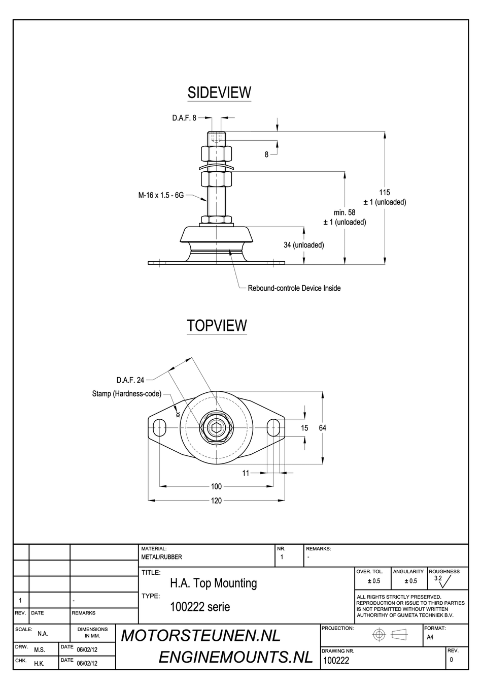 Anti-vibration Mounting type 100 - 40 shore - M16 stud - max. 35 kg