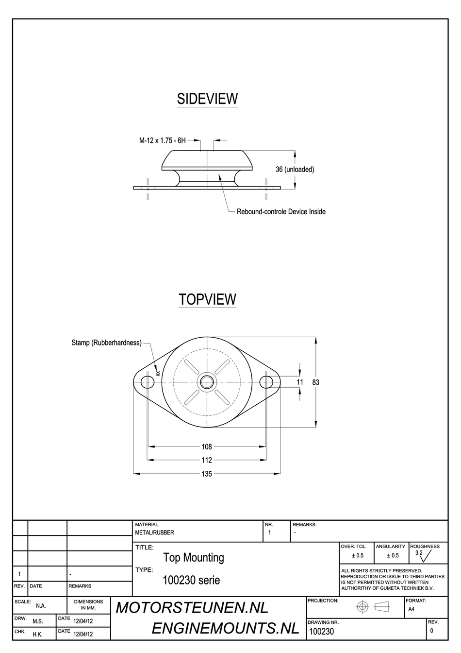 Anti-vibration Mounting type 230 - 40 shore - M12 - max. 75 kg