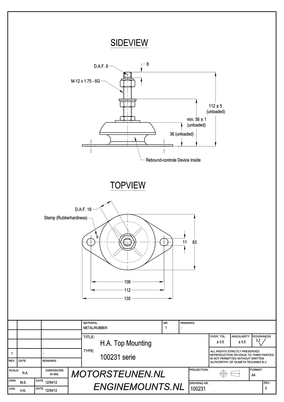 Anti-vibration Mounting type 230 - 70 shore - M12 stud - max. 230 kg