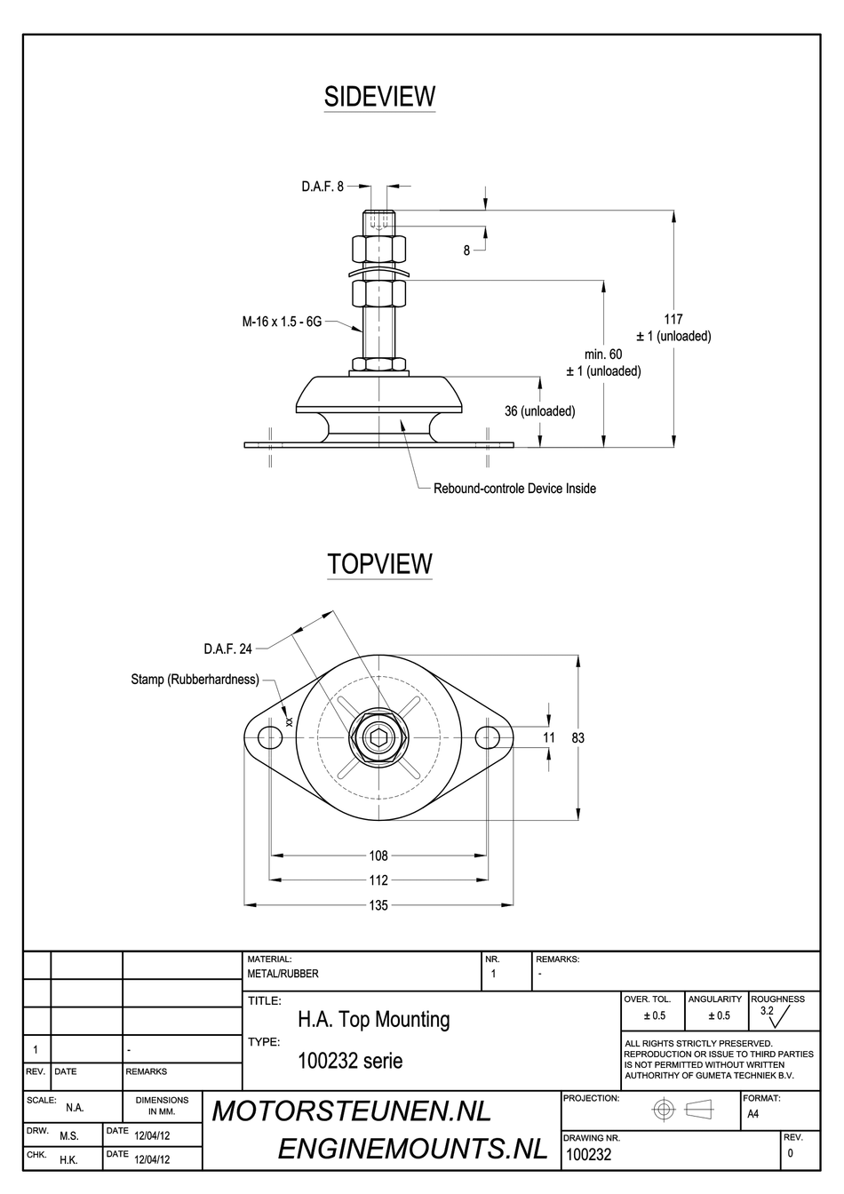 Anti-vibration Mounting type 230 - 60 shore - M16 stud - max. 175 kg