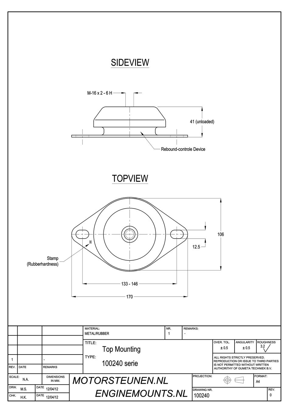 Anti-vibration Mounting type 500 - 40 shore - M16 - max. 200 kg