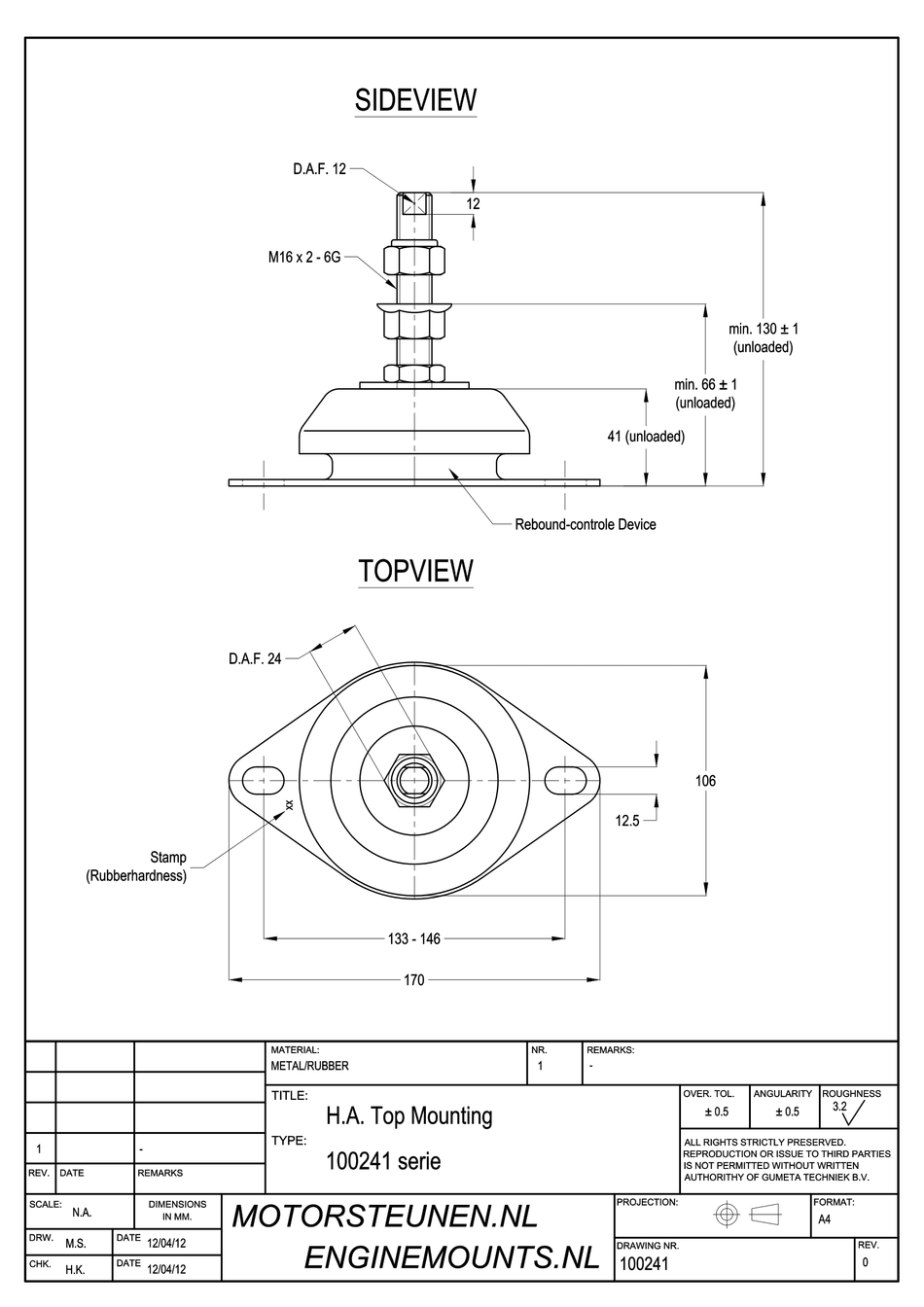 Anti-vibration Mounting type 500 - 40 shore - M16 stud - max. 200 kg