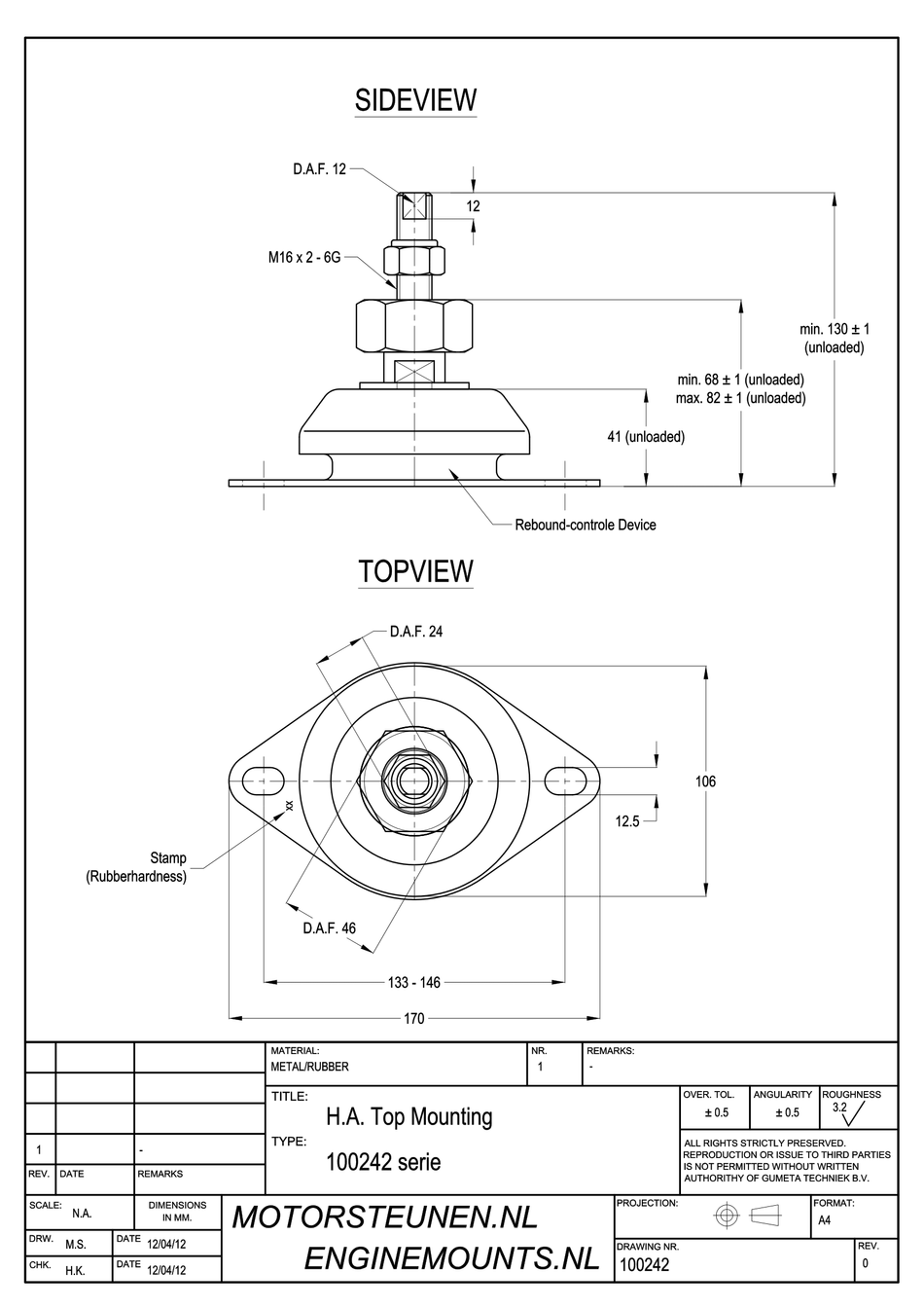 Anti-vibration Mounting type 500 - 40 shore - M16 height adjuster (fine) - max. 200 kg