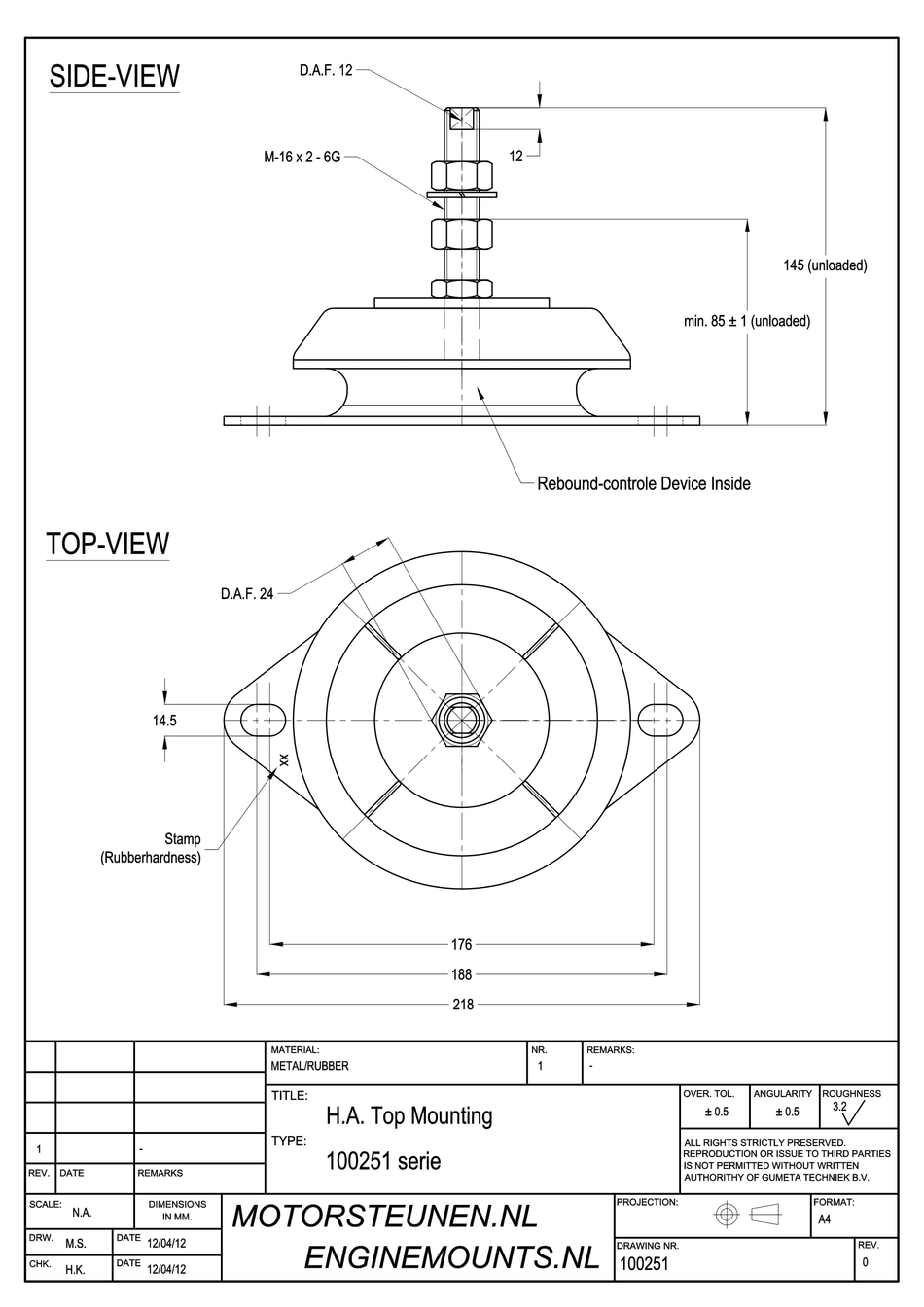 Anti-vibration Mounting type 1000 - 40 shore - M16 stud - max. 300 kg