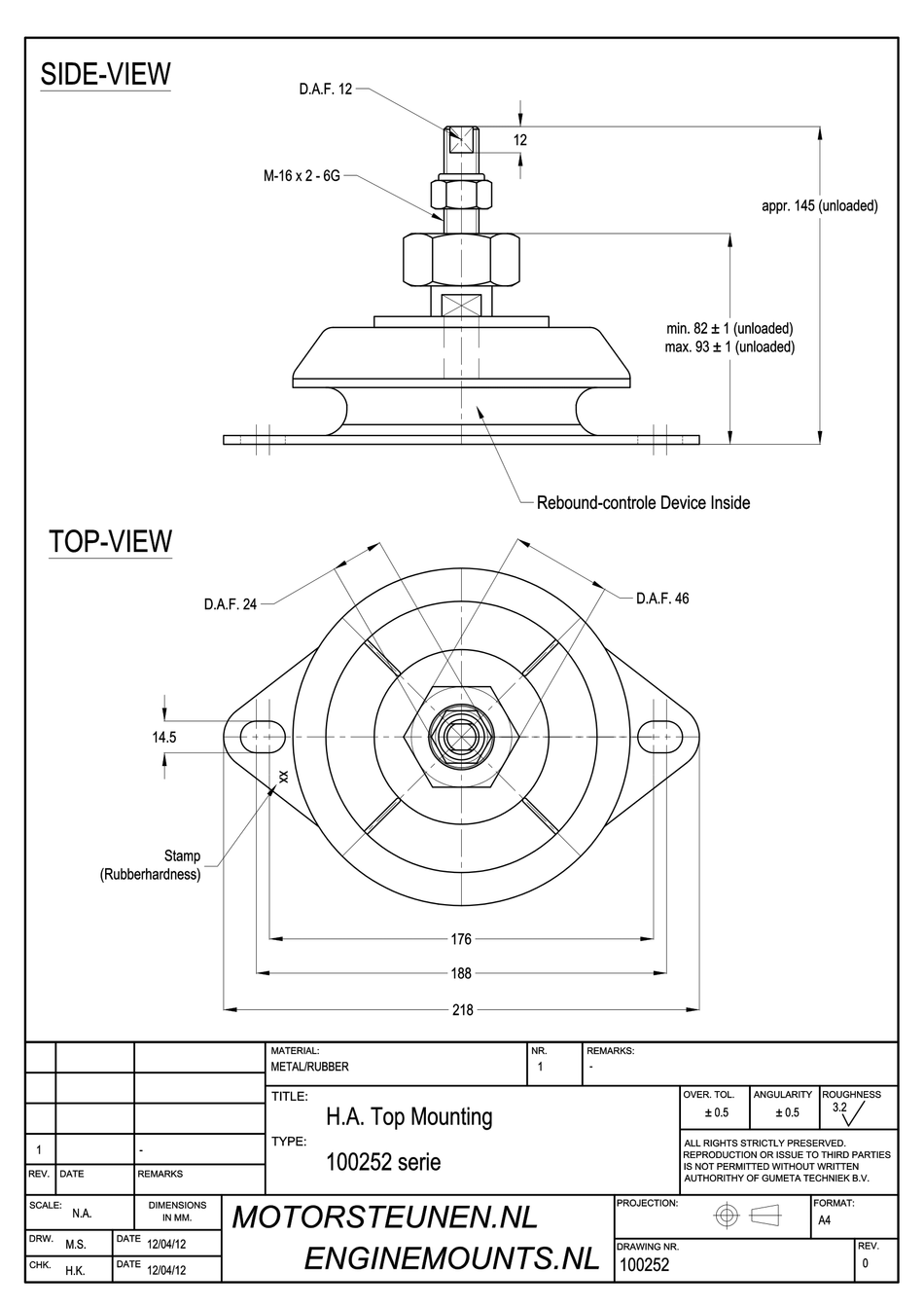 Anti-vibration Mounting type 1000 - 40 shore - M16 height adjuster (fine) - max. 300 kg